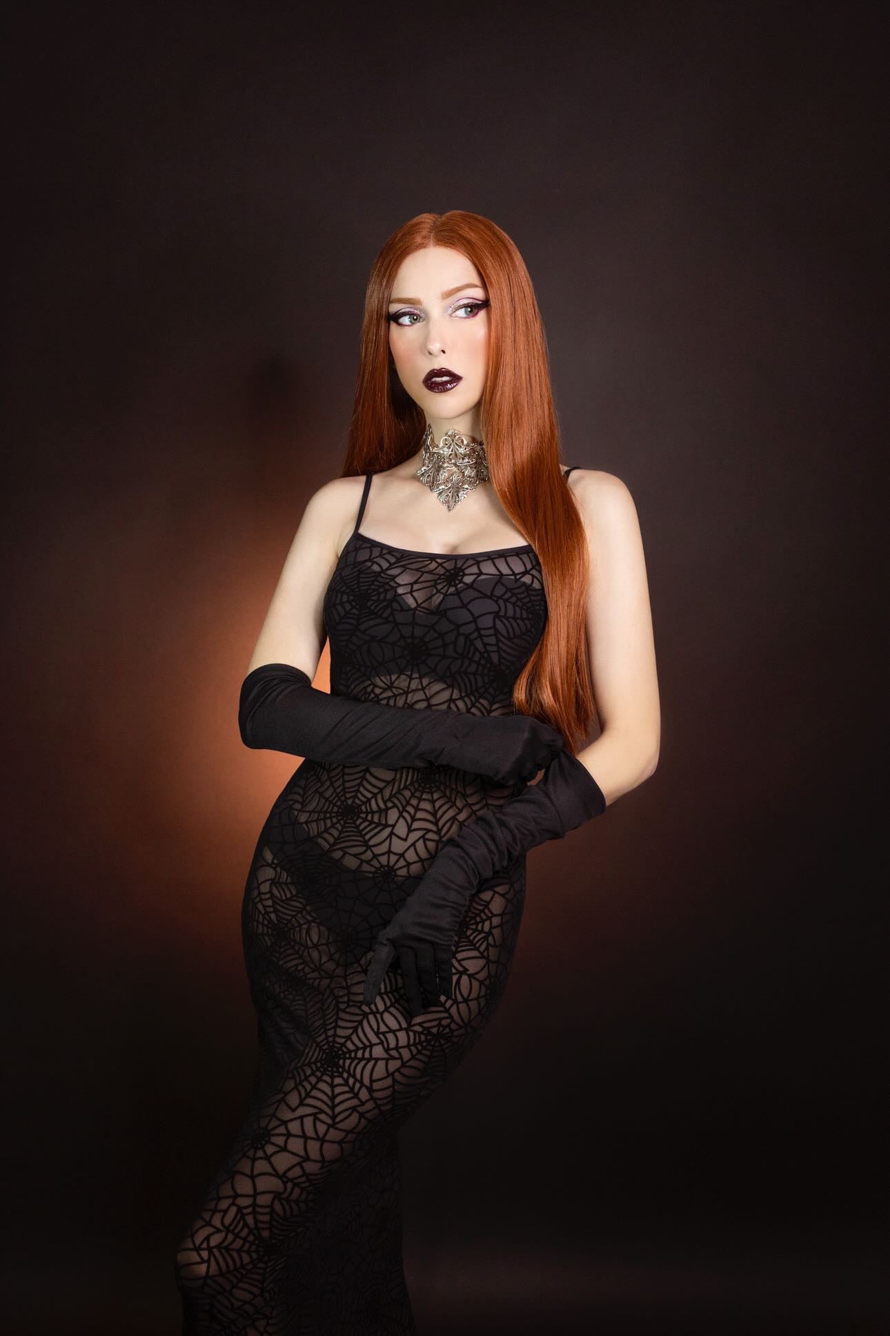 Sheer Hourglass Maxi Dress - Velvet Flocked Spider Webs - READY TO SHIP!