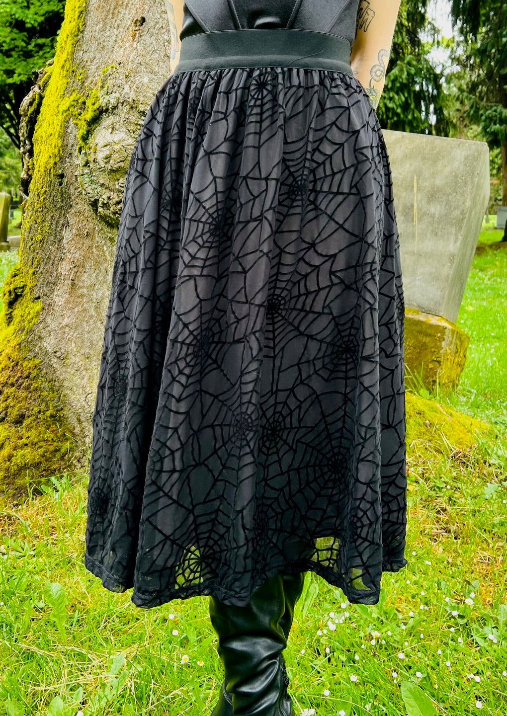 The Aradia Skirt - Velvet Spider Web Flocked Full SKIRT - READY TO SHIP