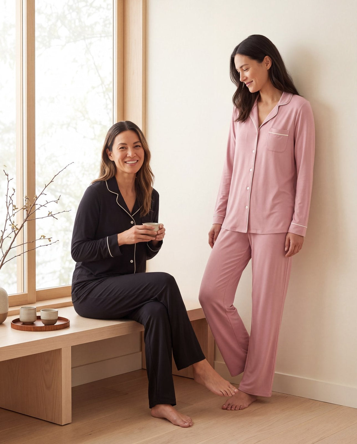 Women's Long Sleeved Collared Pajama Set in Midnight with Natural