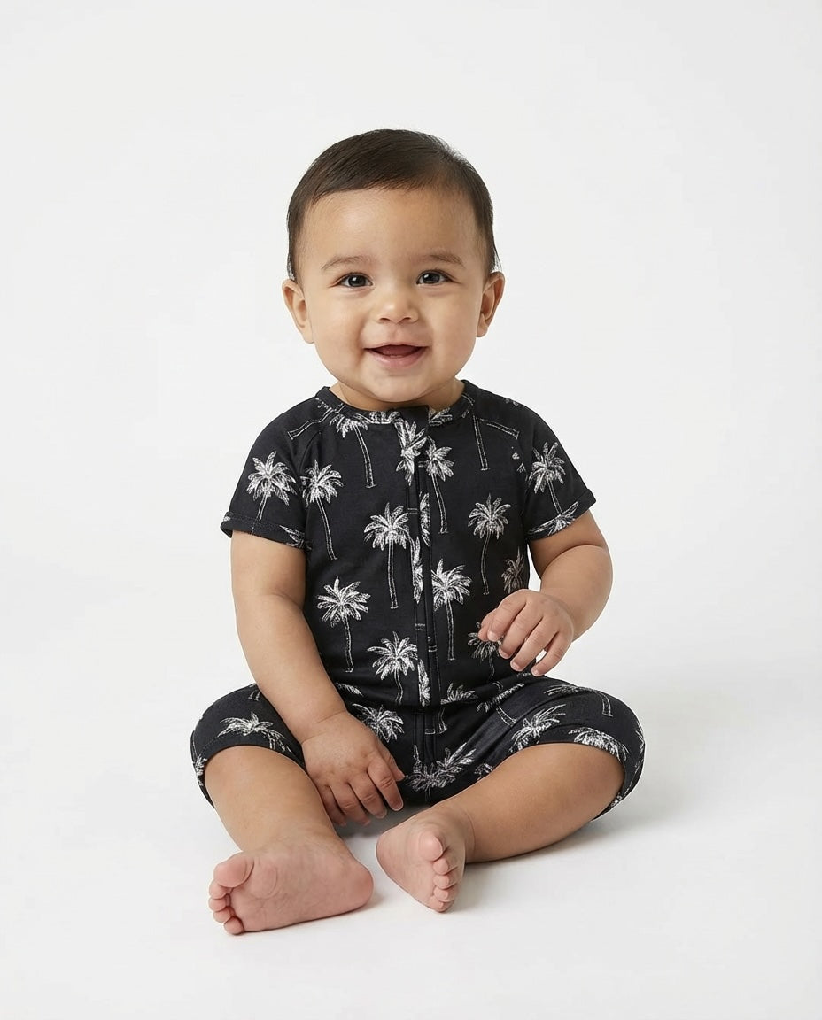Bamboo Shorty Romper | Palm Style Black