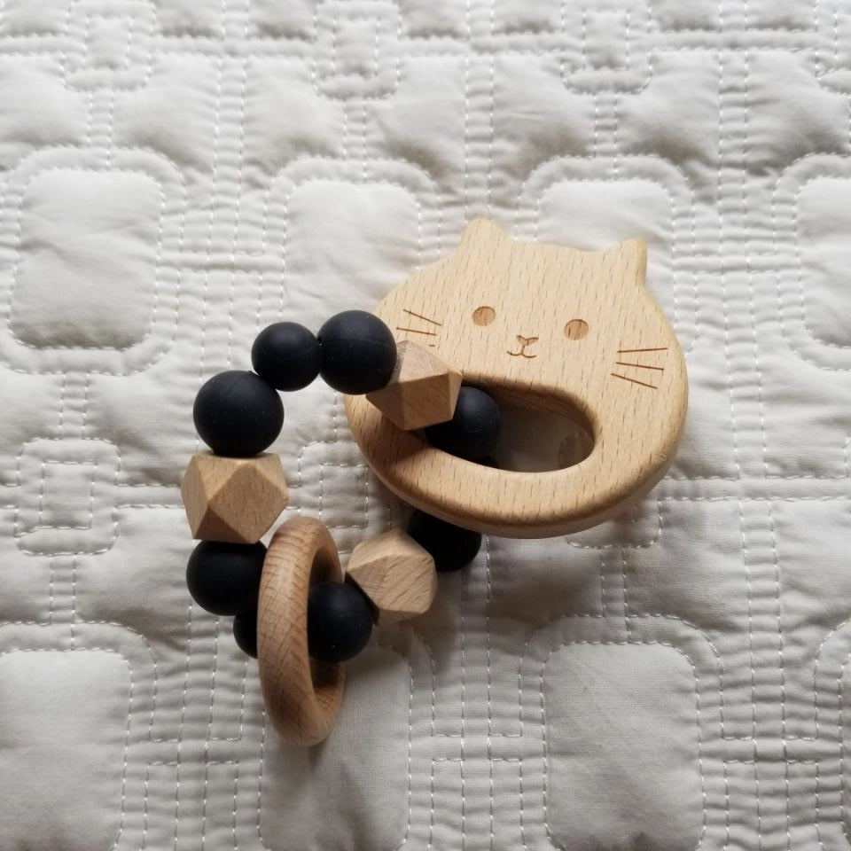 Cat Wooden Teether Silicone Ring