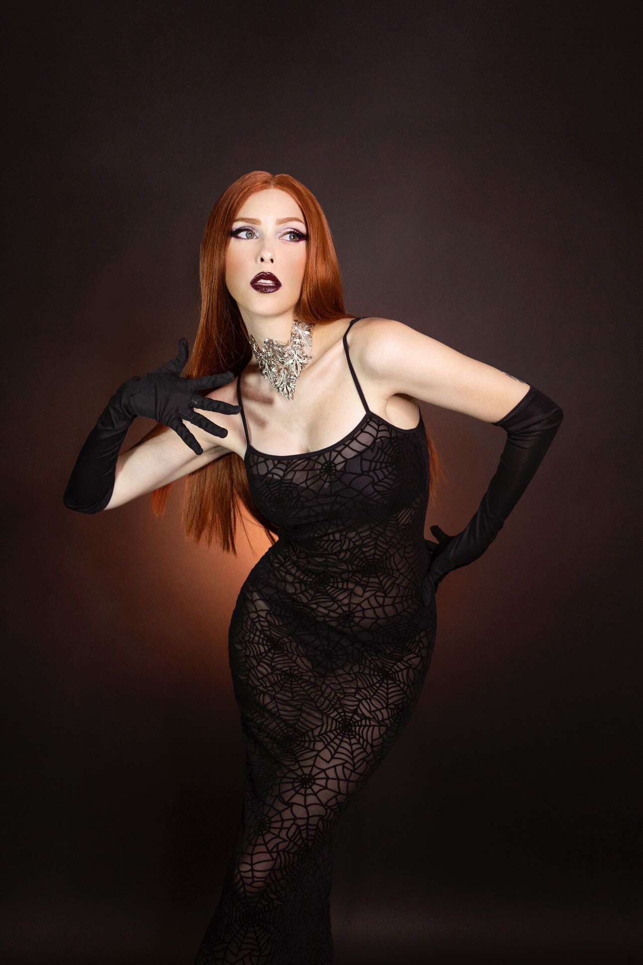 Sheer Hourglass Maxi Dress - Velvet Flocked Spider Webs - READY TO SHIP!