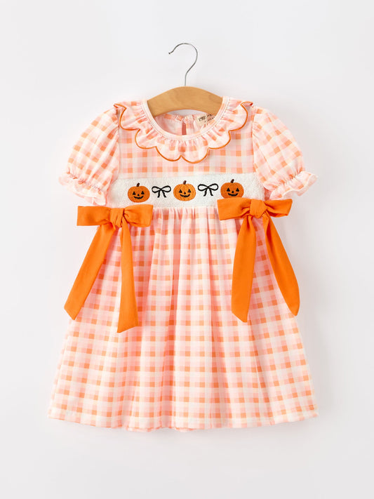 Halloween Pumpkin Plaid Bow Girls Dress