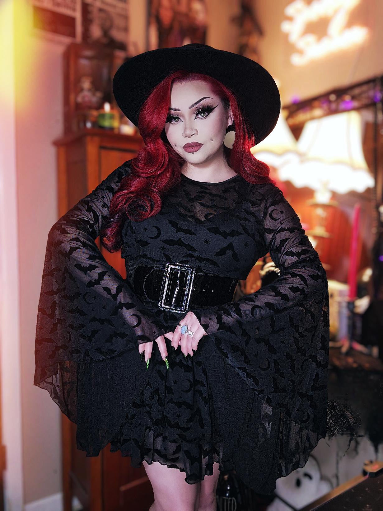 Dracuella - Velvet  BATS Flocked Mini Dress with Witchy Bell Sleeves - READY TO SHIP