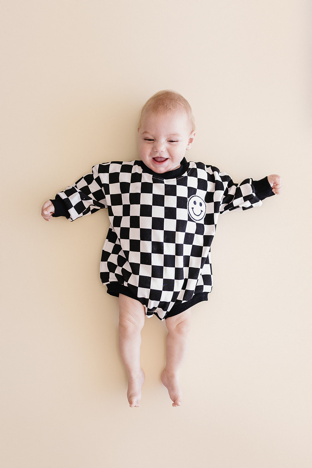 Bubble Romper | Checkered Smiley Black