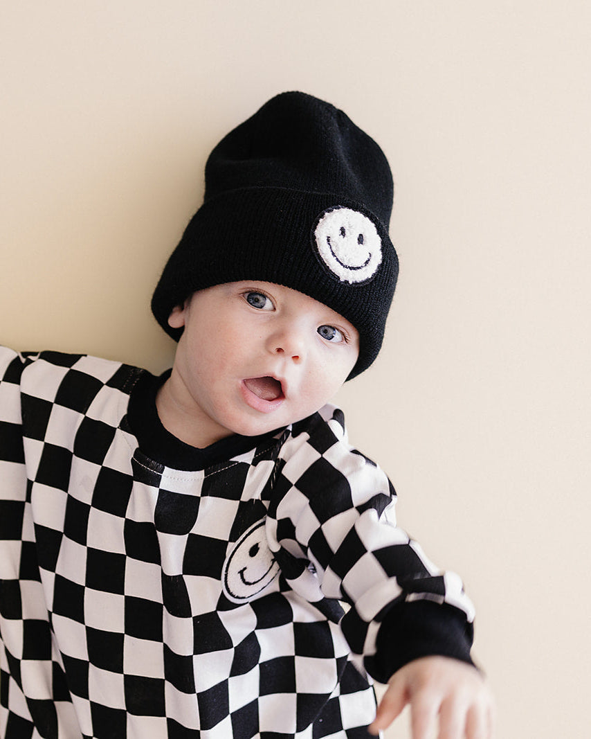 Bubble Romper | Checkered Smiley Black
