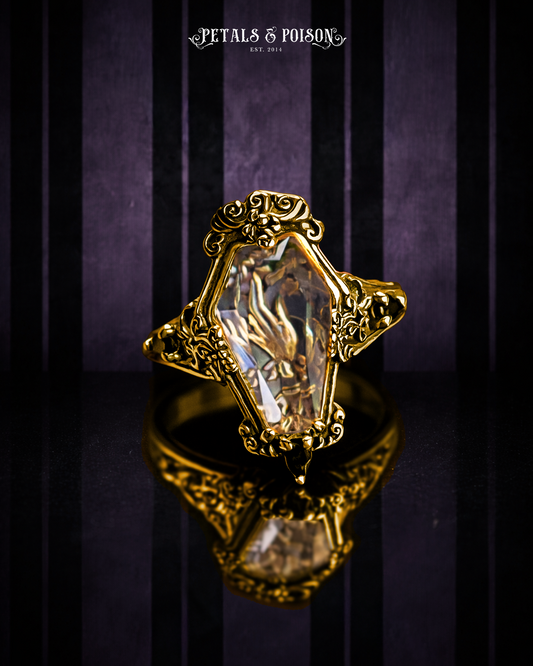 The GOLD "Mourning Hand” Glass Casket Ring