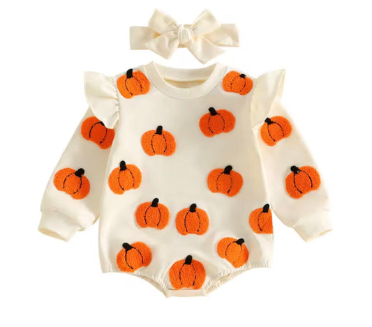 Pumpkin Appliqué Flutter Sleeve Romper