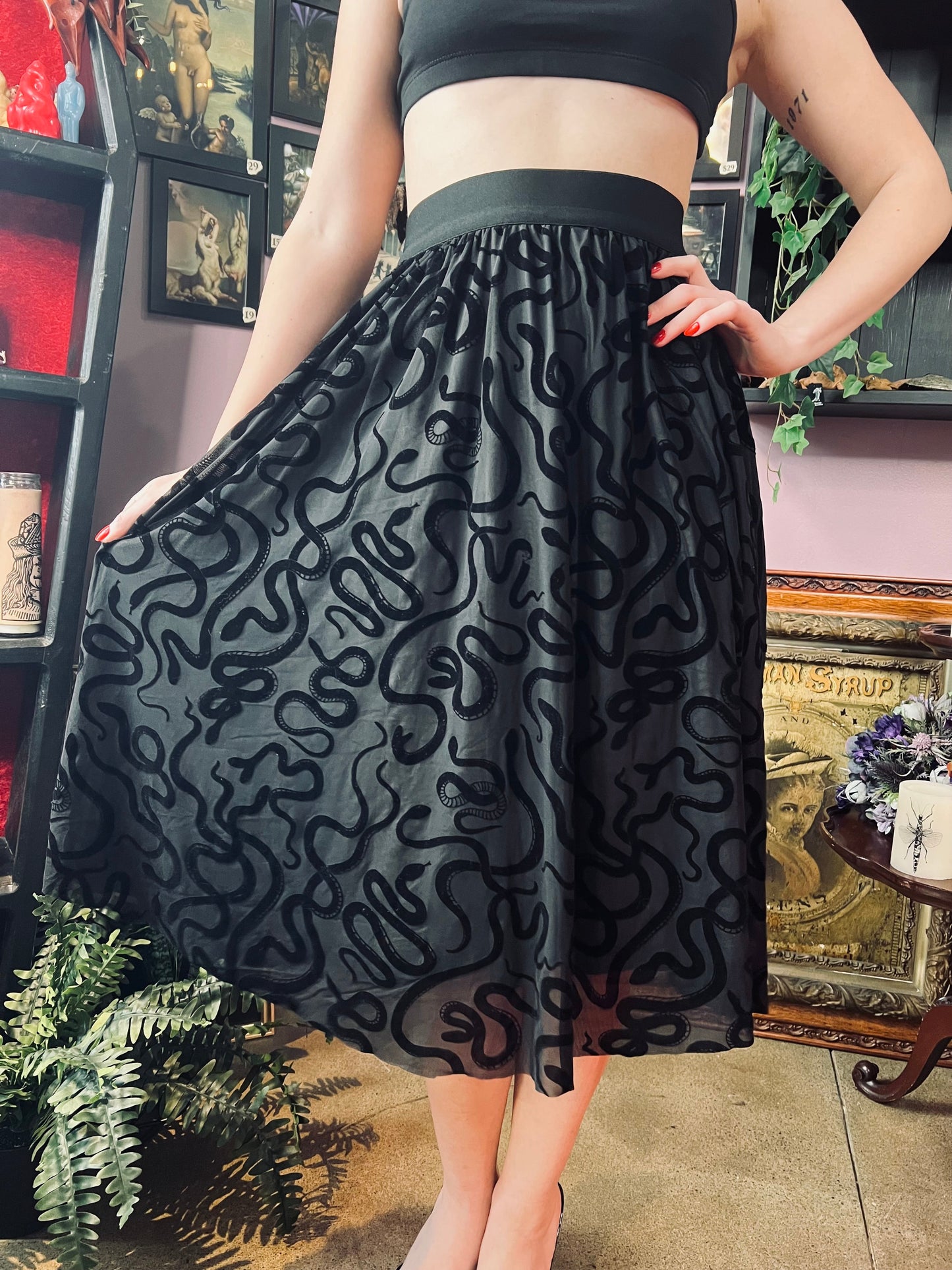 The Serpentine Skirt  - Velvet Snake Flocked Full SKIRT - READY TO SHIP