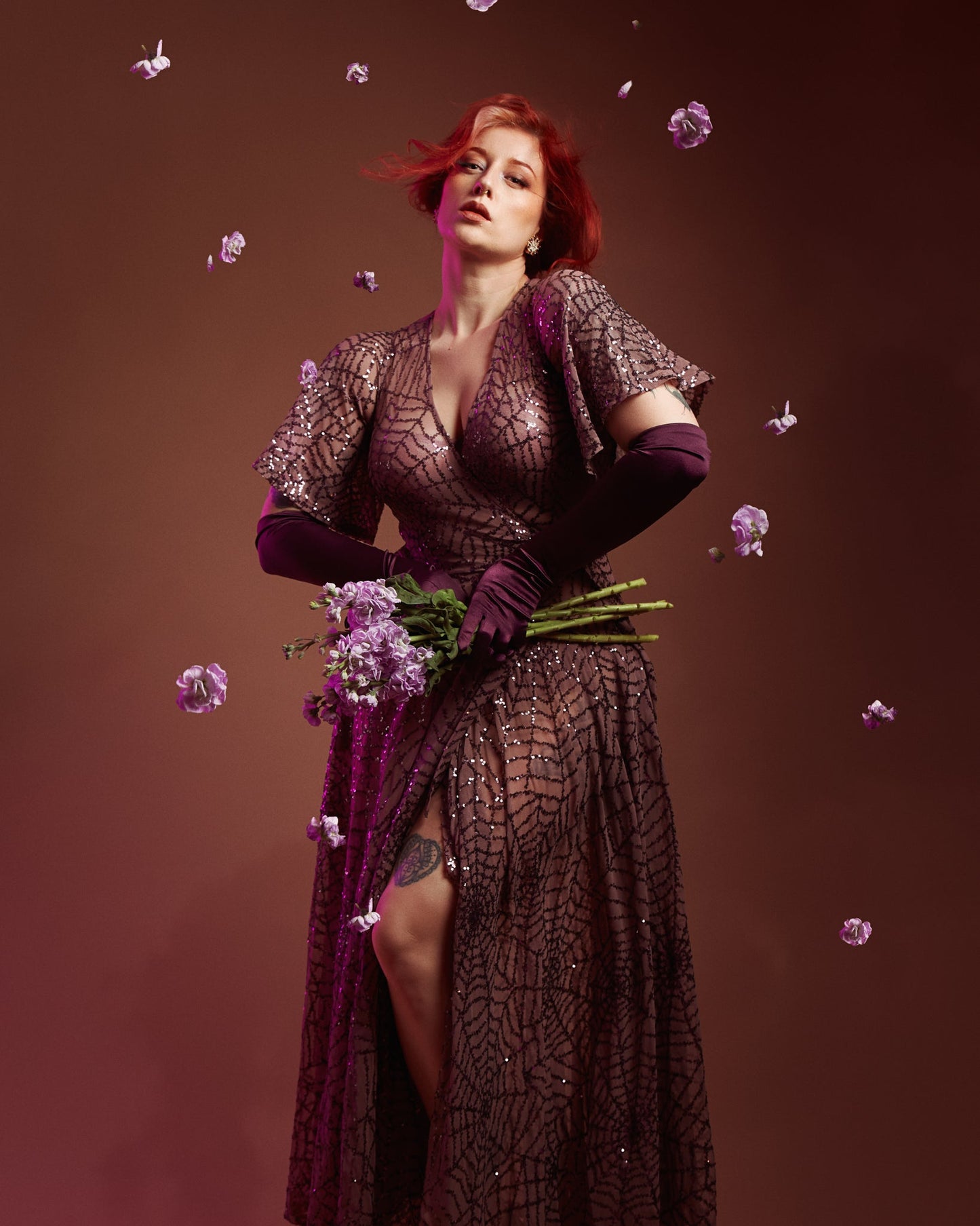 Lydia Dress in Mauve Sequin Spiderwebs