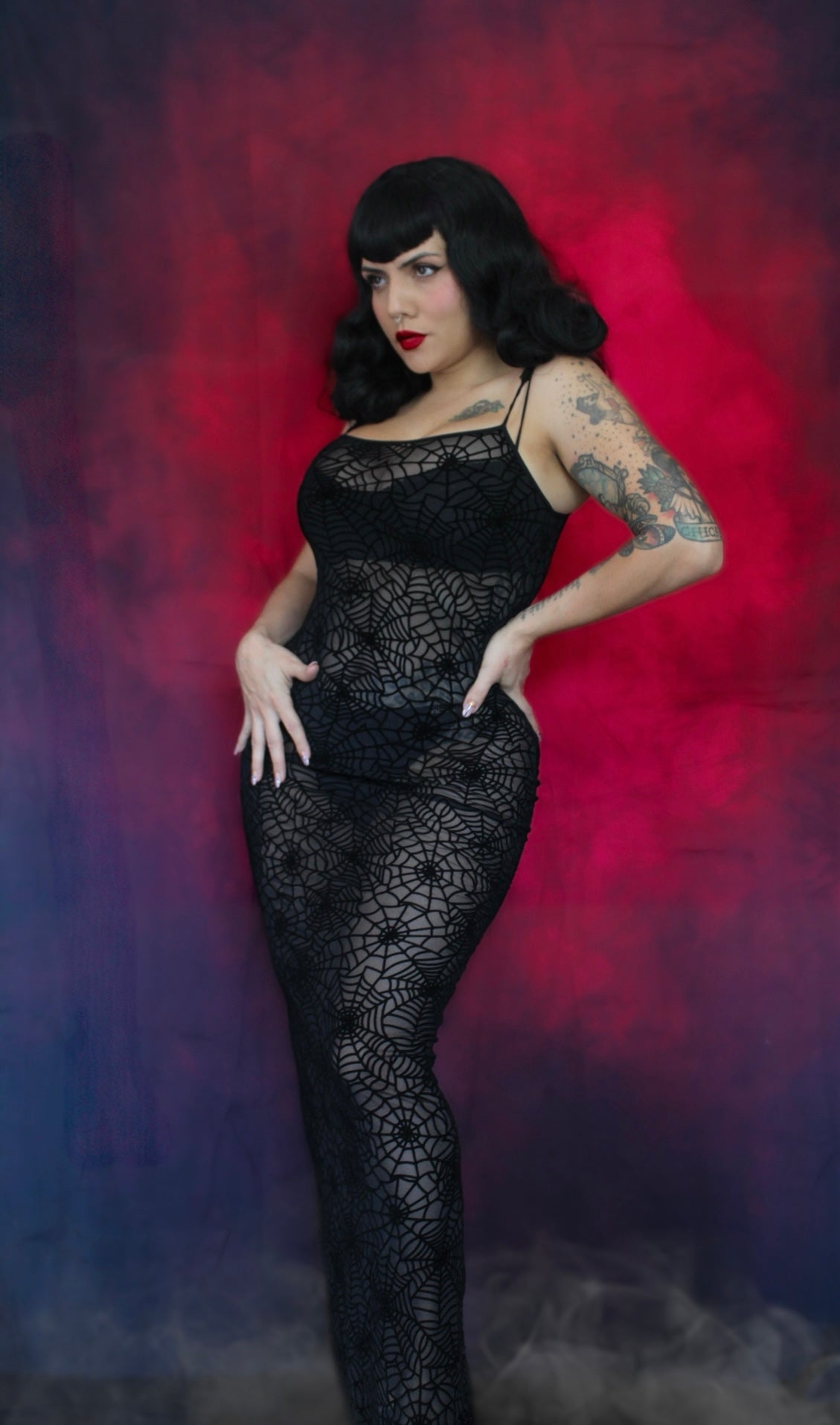 Sheer Hourglass Maxi Dress - Velvet Flocked Spider Webs - READY TO SHIP!