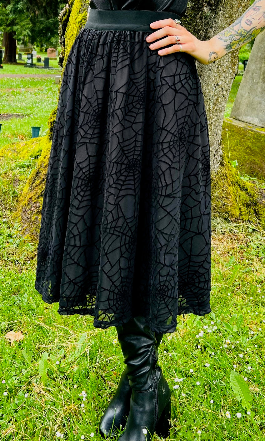 The Aradia Skirt  - Velvet Spider Web Flocked Full SKIRT - READY TO SHIP
