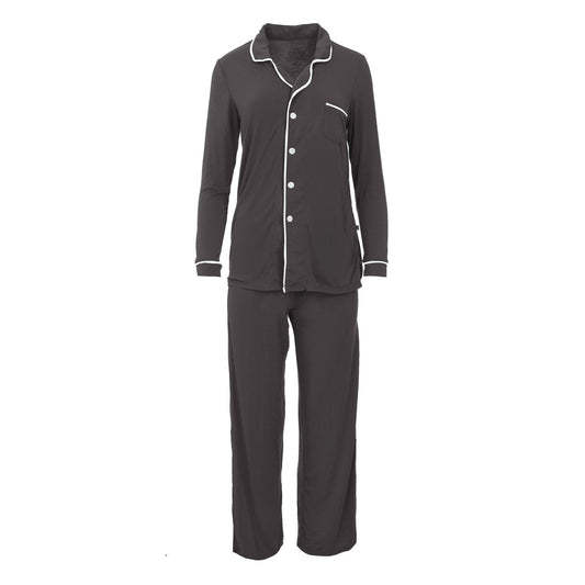 Women's Long Sleeved Collared Pajama Set in Midnight with Natural