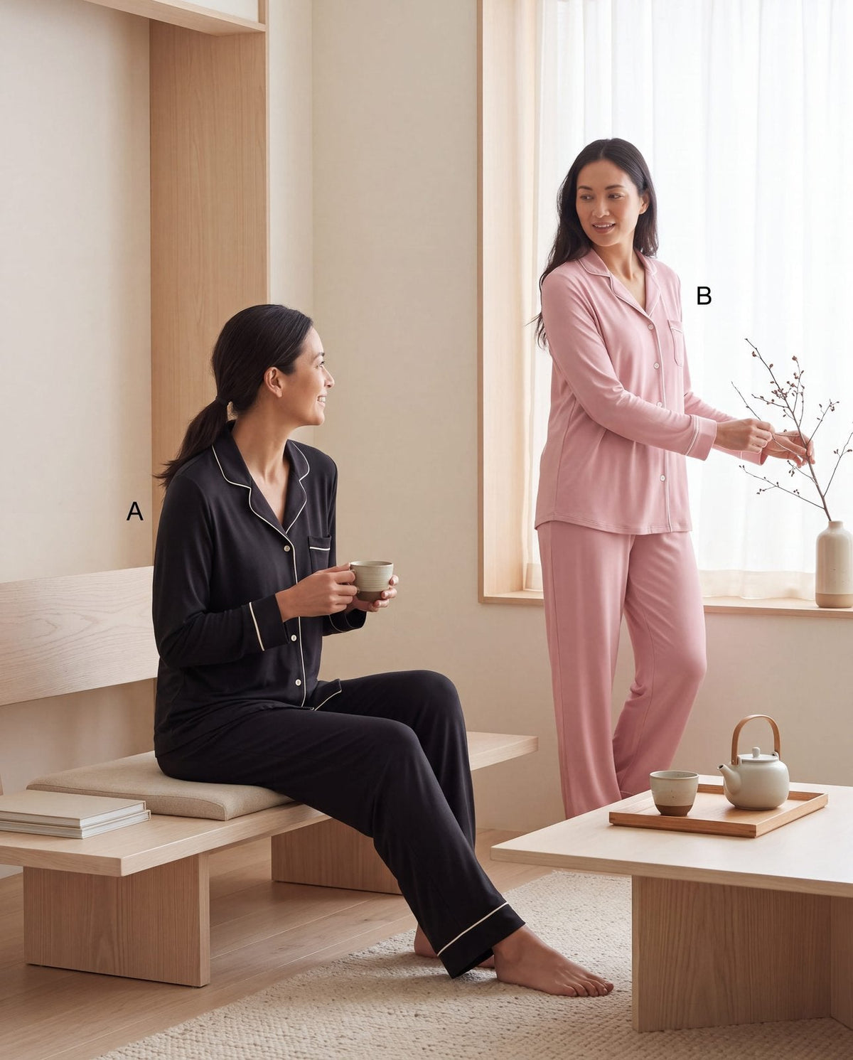 Women's Long Sleeved Collared Pajama Set in Midnight with Natural