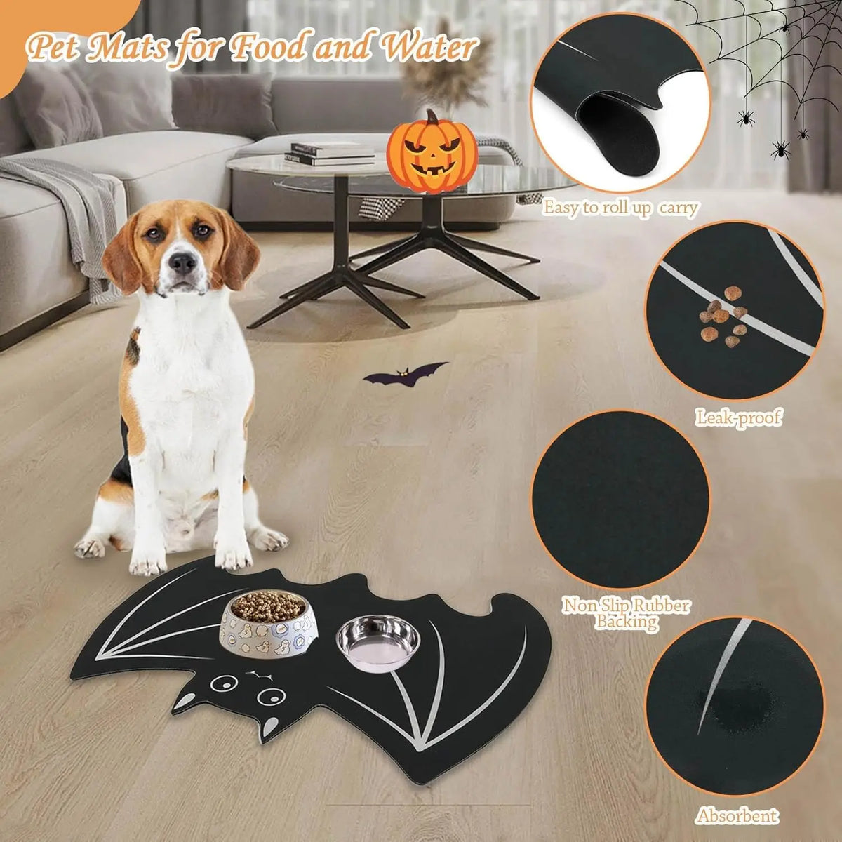 Halloween Pet Mat for Food Water Feeding Mat Spider Web for Dog Cat Bowl Anti-Stain Quick Dry Easy Clean Floor Place Mat Indoor