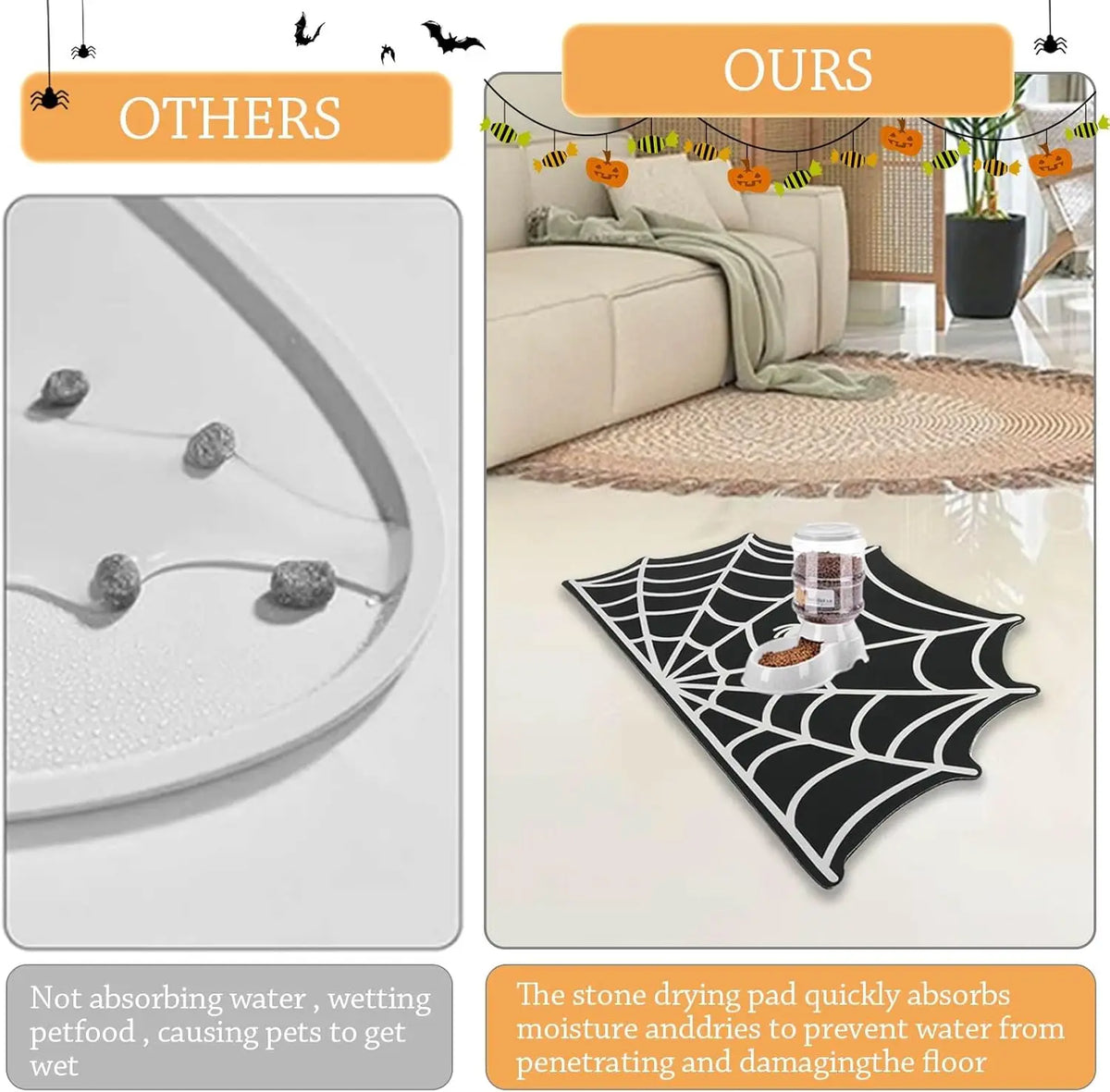 Halloween Pet Mat for Food Water Feeding Mat Spider Web for Dog Cat Bowl Anti-Stain Quick Dry Easy Clean Floor Place Mat Indoor