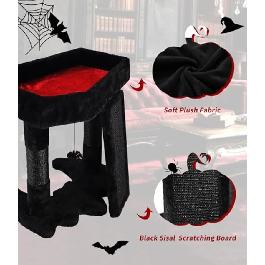 Gothic Cat Tree Tower with Coffin Cat Bed for Indoor Cats Halloween Spooky Cat Scratcher Gothic Cat Tree with Sisal Scratching