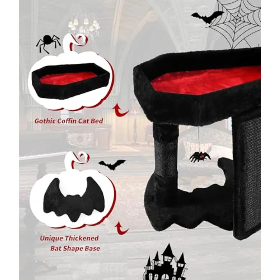Gothic Cat Tree Tower with Coffin Cat Bed for Indoor Cats Halloween Spooky Cat Scratcher Gothic Cat Tree with Sisal Scratching