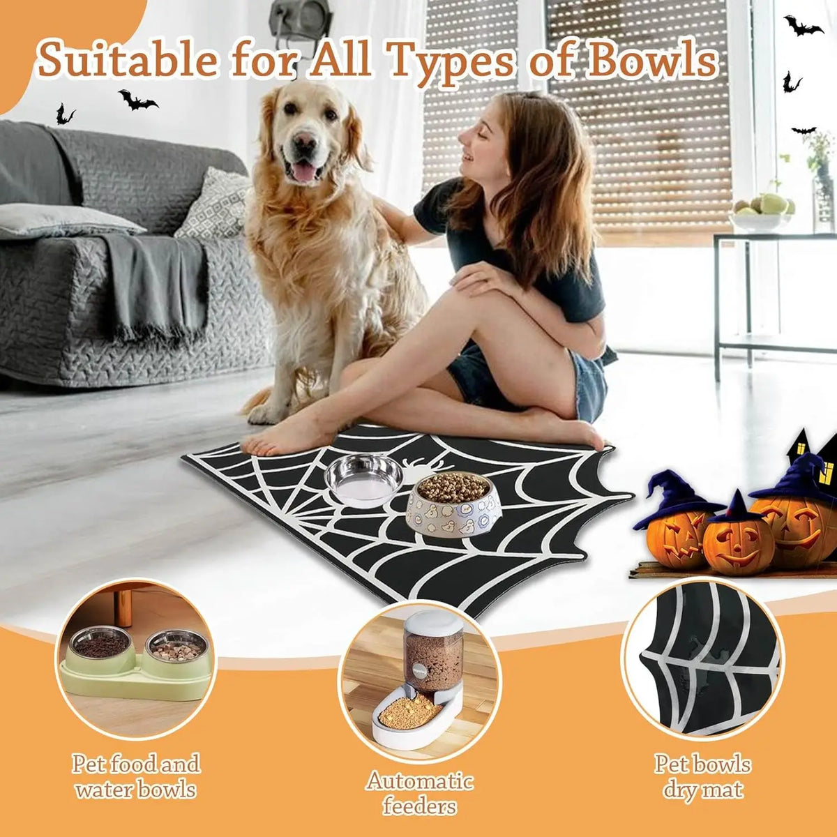 Halloween Pet Mat for Food Water Feeding Mat Spider Web for Dog Cat Bowl Anti-Stain Quick Dry Easy Clean Floor Place Mat Indoor