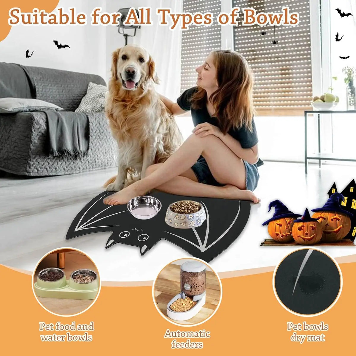 Halloween Pet Mat for Food Water Feeding Mat Spider Web for Dog Cat Bowl Anti-Stain Quick Dry Easy Clean Floor Place Mat Indoor