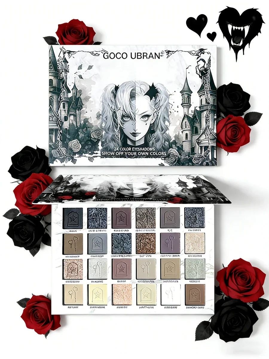 24-Color Dark Elf Eyeshadow Palette, Gothic Vampire Style Makeup Set, High-Pigment Shimmer/Glitter Eye Makeup, Christmas Gift
