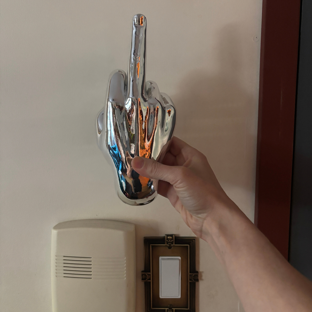 Silver Middle Finger Wall Mounted Hook | Modern Ceramic Statement Sculpture | 7" Tall