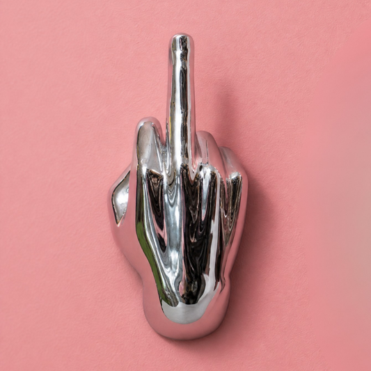 Silver Middle Finger Wall Mounted Hook | Modern Ceramic Statement Sculpture | 7" Tall