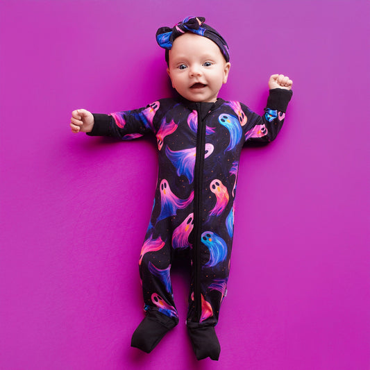 Halloween | Whirling Ghosts | Convertible Bamboo Zipper Baby Pajamas