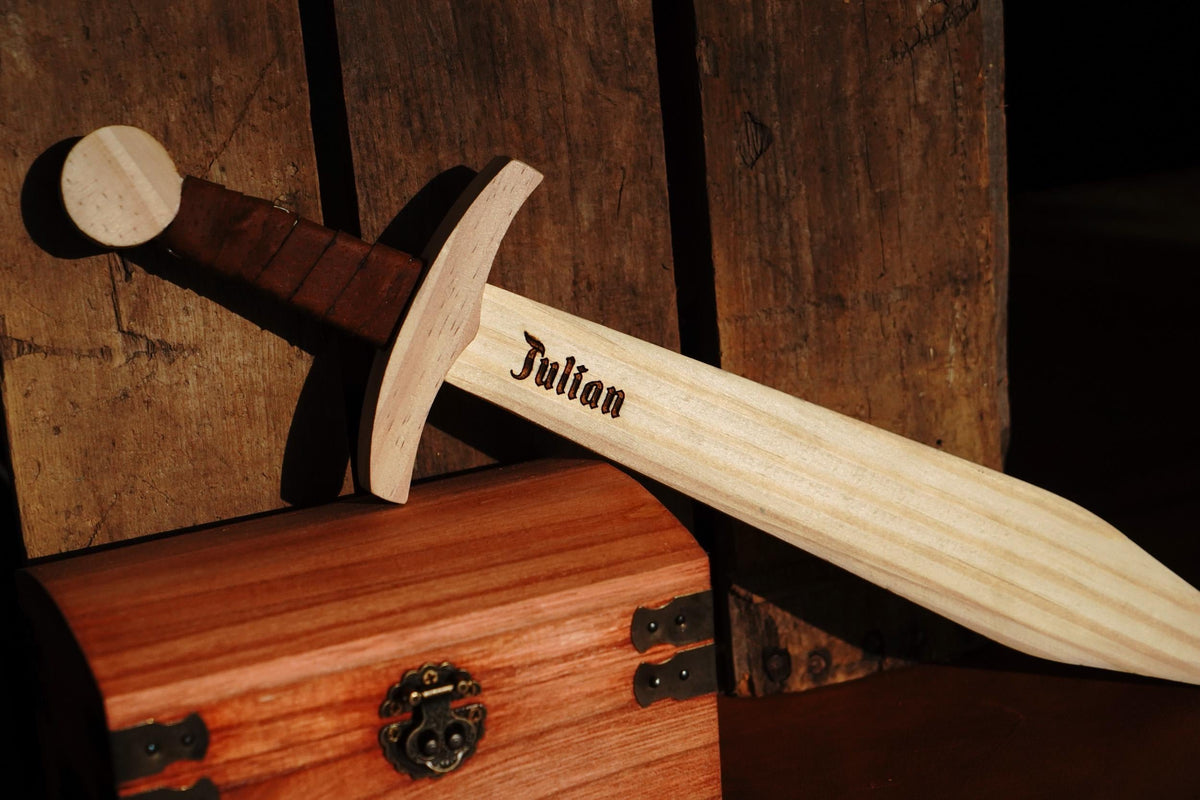Small Kid's Handcrafted Wooden Toy 16" Short Sword with Leather-Wrapped Handle